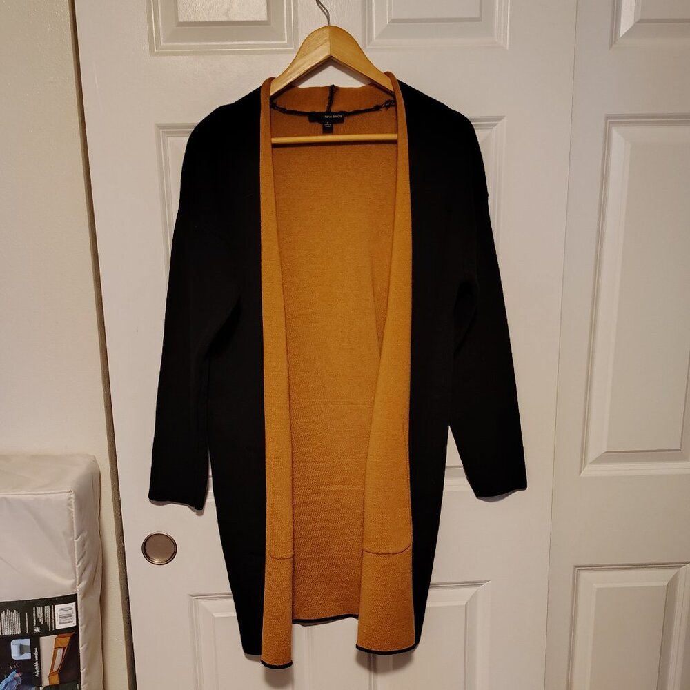 Harve Benard Sweater Full Length Open Front Tight Knit Black & Tan School Office